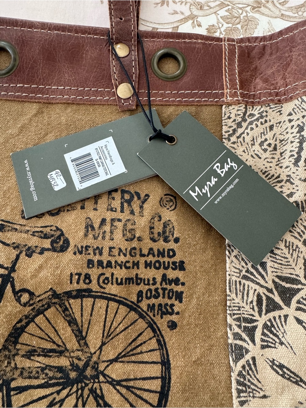 Myra Bag Brown Canvas & Leather Bicycle Print Tote - Picture 2 of 8
